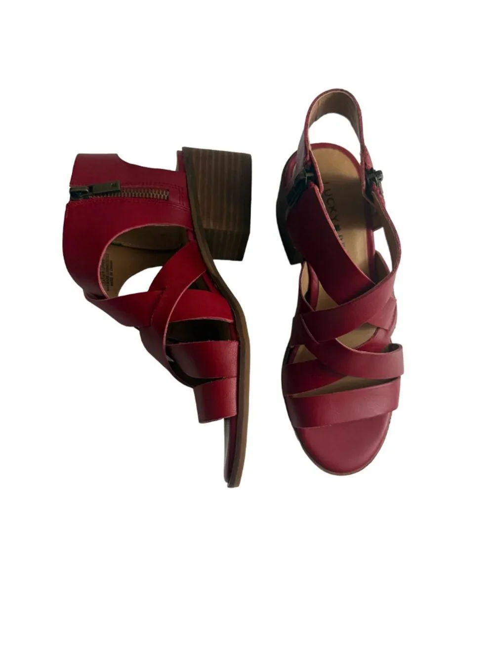 LUCKY BRAND Rich Garnet Red Leather Strappy Sandals Block Heel Size US 5M /EU 35 - Picture 8 of 15